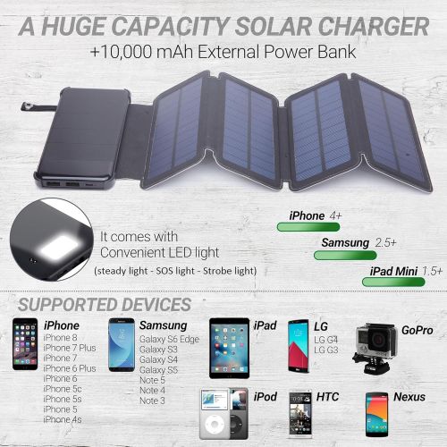  IBose Solar Phone Charger 10.000mAh Power Bank-Portable Smartphone & iPhone Battery + Emergency Flashlight(2) USB Ports+(4) Foldable Solar Panels-Fast Charging Smart IC Hiking Camping