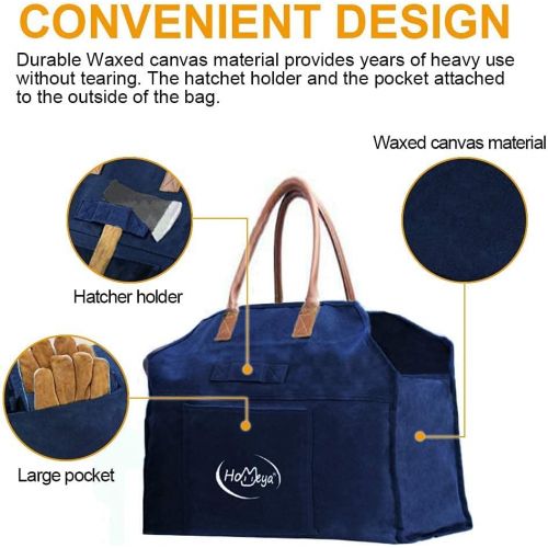  IC ICLOVER Log Carrier Bag Heavy Duty Extra Large Waxed Canvas Firewood Tote Bag with Hatchet Holder & Pocket,Closed Ends Design Wood Carrier, Wood Stove Accessories,for Fire Pit,C