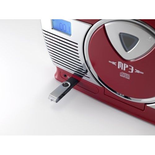  [아마존베스트]iCES ISCD-33 Portable Retro Radio CD/MP3 Player 20 Track Memory FM Radio USB Playback 3.5 mm Headphone Jack Red