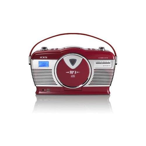  [아마존베스트]iCES ISCD-33 Portable Retro Radio CD/MP3 Player 20 Track Memory FM Radio USB Playback 3.5 mm Headphone Jack Red