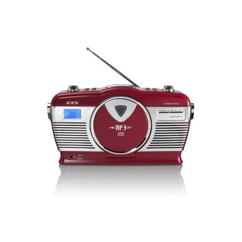  [아마존베스트]iCES ISCD-33 Portable Retro Radio CD/MP3 Player 20 Track Memory FM Radio USB Playback 3.5 mm Headphone Jack Red