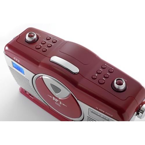  [아마존베스트]iCES ISCD-33 Portable Retro Radio CD/MP3 Player 20 Track Memory FM Radio USB Playback 3.5 mm Headphone Jack Red