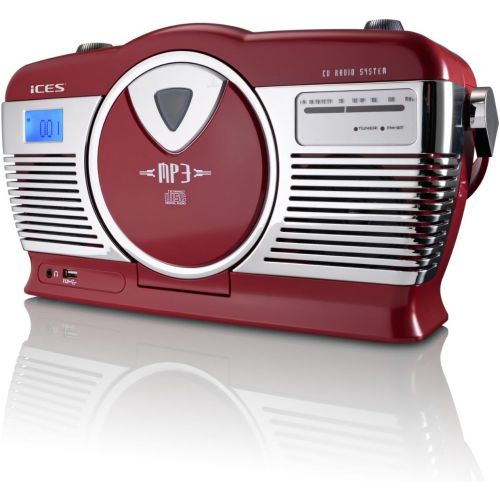  [아마존베스트]iCES ISCD-33 Portable Retro Radio CD/MP3 Player 20 Track Memory FM Radio USB Playback 3.5 mm Headphone Jack Red