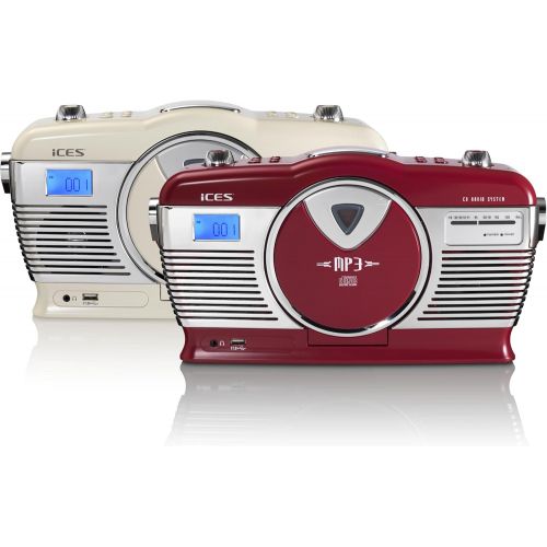  [아마존베스트]iCES ISCD-33 Portable Retro Radio CD/MP3 Player 20 Track Memory FM Radio USB Playback 3.5 mm Headphone Jack Red