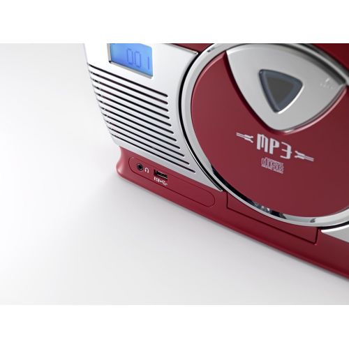  [아마존베스트]iCES ISCD-33 Portable Retro Radio CD/MP3 Player 20 Track Memory FM Radio USB Playback 3.5 mm Headphone Jack Red