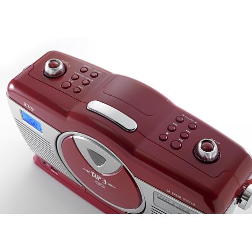  [아마존베스트]iCES ISCD-33 Portable Retro Radio CD/MP3 Player 20 Track Memory FM Radio USB Playback 3.5 mm Headphone Jack Red