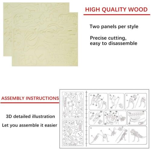  I-CHONY 3D Wooden Dinosaur Puzzle - 6 Piece Set Wood Dinosaur Skeleton Model Puzzle - DIY Wooden Crafts 3D Puzzle - STEM Toys Gifts for Kids and Adults