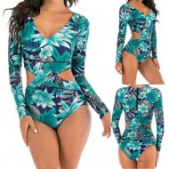 iCJJL Womens Long Sleeve Surfing Suit Wetsuit One-Piece Swimsuit Tropical Leaf Print Scuba Diving Snorkeling Swimming Kayak Wetsuit
