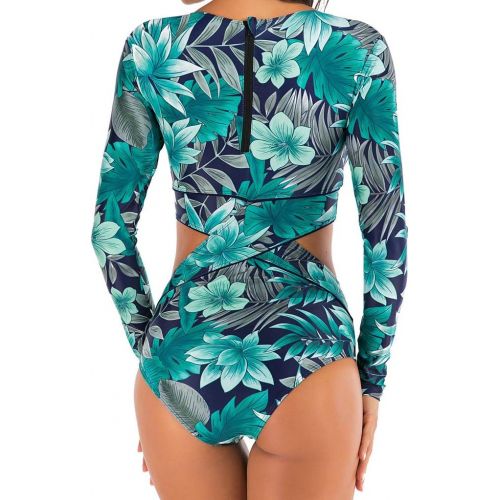  iCJJL Womens Long Sleeve Surfing Suit Wetsuit One-Piece Swimsuit Tropical Leaf Print Scuba Diving Snorkeling Swimming Kayak Wetsuit