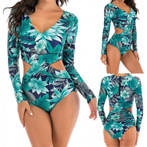  iCJJL Womens Long Sleeve Surfing Suit Wetsuit One-Piece Swimsuit Tropical Leaf Print Scuba Diving Snorkeling Swimming Kayak Wetsuit