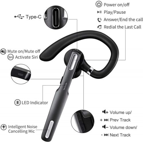  ICOMTOFIT Bluetooth Headset, Wireless Bluetooth Earpiece V4.1Hands-Free Earphones with Noise Cancellation Mic for Driving/Business/Office, Compatible with iPhone and Android(Gray)