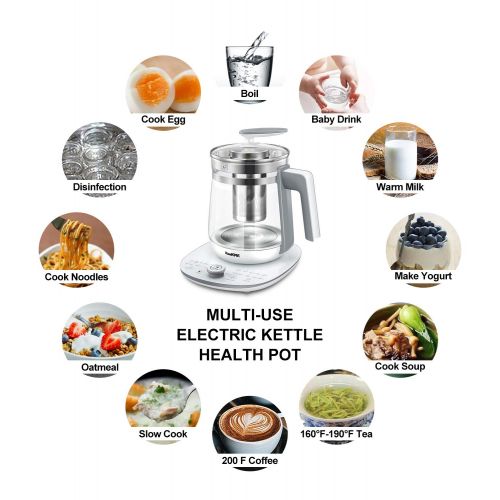  ICOOKPOT Multi-Use Electric Kettle Borosilicate Glass Tea Maker and Programmable Control Panel Base, Includes Filter, Egg Cooker and Yogurt Box, Keep Warm Function Water Pot Kettle