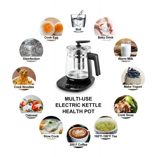  ICOOKPOT Multi-Use Electric Kettle Borosilicate Glass Tea Maker and Programmable Control Panel Base, Includes Filter, Egg Cooker and Yogurt Box, Keep Warm Function Water Pot Kettle