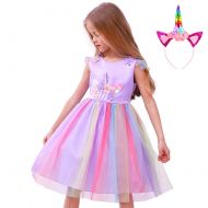 ICOSY Unicorn Tutu Dress with Headband and Wings, Unicorn Costume Outfit Girls Party Dress Flower Pageant Princess Dress