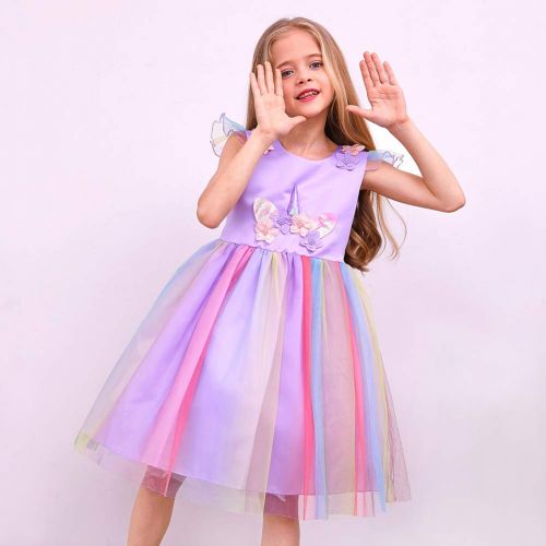  ICOSY Unicorn Tutu Dress with Headband and Wings, Unicorn Costume Outfit Girls Party Dress Flower Pageant Princess Dress