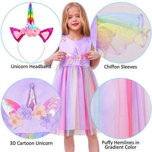  ICOSY Unicorn Tutu Dress with Headband and Wings, Unicorn Costume Outfit Girls Party Dress Flower Pageant Princess Dress