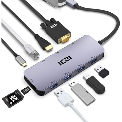  USB C HUB, ICZI 10 in 1 USB Type C to HDMI VGA Converter, RJ-45 Ethernet, USB 3.0 Ports, SDTF Memory Card Reader for MacBook Pro 2018 and Other Type C Laptop- Aluminum Body(Dark G