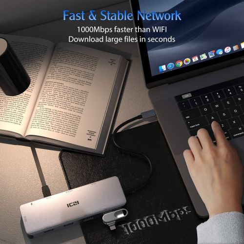  USB C HUB, ICZI 10 in 1 USB Type C to HDMI VGA Converter, RJ-45 Ethernet, USB 3.0 Ports, SDTF Memory Card Reader for MacBook Pro 2018 and Other Type C Laptop- Aluminum Body(Dark G