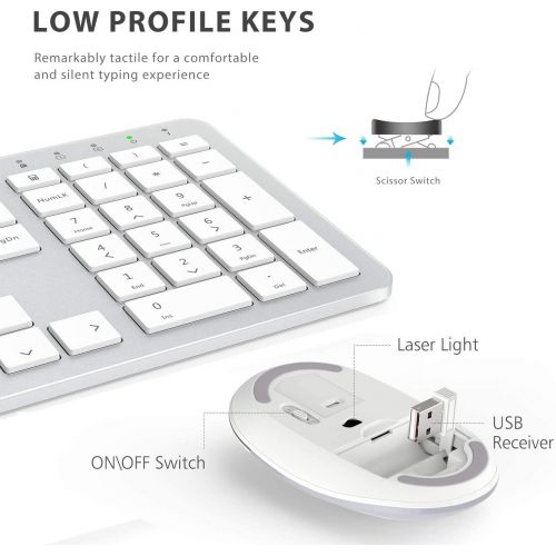  [아마존베스트]iClever GK08 Wireless Keyboard and Mouse - Rechargeable Wireless Keyboard Ergonomic Full Size Design with Number Pad, 2.4G Stable Connection Slim White Keyboard and Mouse for Windo