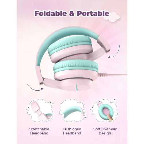  iClever HS19 Kids Headphones with Microphone, Volume Limiter 85/94dB, Sharing Function Stereo Headphones for Kids Girls Boys, Foldable Over-Ear Headphones for Online School/iPad/Ch