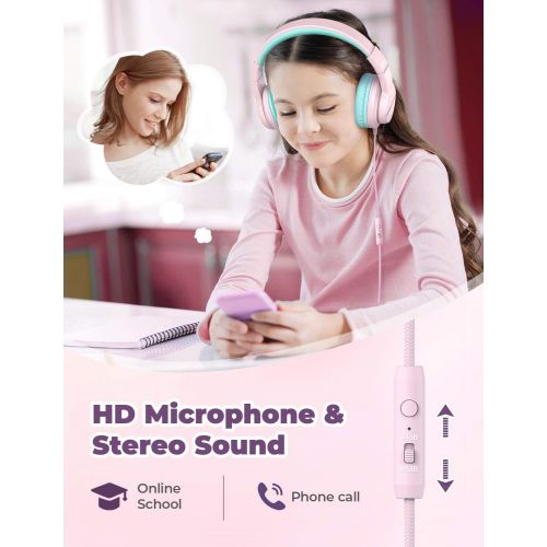  iClever HS19 Kids Headphones with Microphone, Volume Limiter 85/94dB, Sharing Function Stereo Headphones for Kids Girls Boys, Foldable Over-Ear Headphones for Online School/iPad/Ch