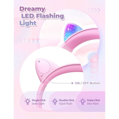  Cat Ear Led Light Up Kids Headphones with Microphone, iClever HS20 Wired Headphones -Shareport- 94dB Volume Limited, Foldable Over-Ear Headphones for Kids/School/iPad/Tablet/Travel
