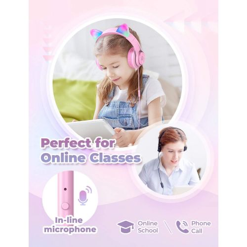  Cat Ear Led Light Up Kids Headphones with Microphone, iClever HS20 Wired Headphones -Shareport- 94dB Volume Limited, Foldable Over-Ear Headphones for Kids/School/iPad/Tablet/Travel