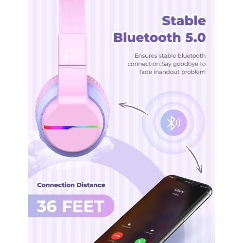  [아마존베스트]iClever Bluetooth Childrens Headphones, Coloured LED Lights, Childrens Headphones Over-Ear with 74/85/94dB Volume Limitation, 40 Hours Playtime, Bluetooth 5.0, Built-in Microphone