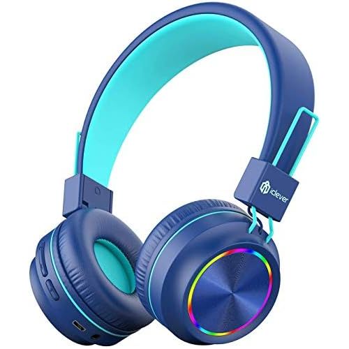  [아마존베스트]iClever Bluetooth Childrens Headphones, Colourful Lights LED, 85 dB Volume Limiter, Foldable, Adjustable, Wireless and Cable, Built-in Microphone for PC, Tablet, Kindle