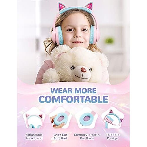  [아마존베스트]iClever Headphones for Children, Cat Ears, LED Light Up Kids, Bluetooth Wireless Foldable Headphones, Over Ear for School/Table/PC