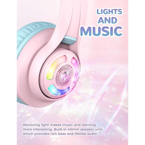  [아마존베스트]iClever Headphones for Children, Cat Ears, LED Light Up Kids, Bluetooth Wireless Foldable Headphones, Over Ear for School/Table/PC