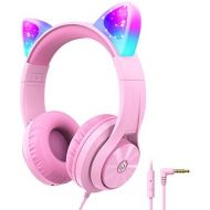 [아마존베스트]Kids Headphones, iClever Kids Over Ear Wired Headphones 85dB Volume Limited Food Grade Silicone LED Flashlight 3.5mm Aux Cable Headphones for Kids LED Pink