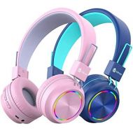 [아마존베스트]iClever 2 Pack Bluetooth Childrens Headphones, Colourful Lights LED, 85 dB Volume Limiter, Foldable, Adjustable, Wireless and Cable, Built-in Microphone for School