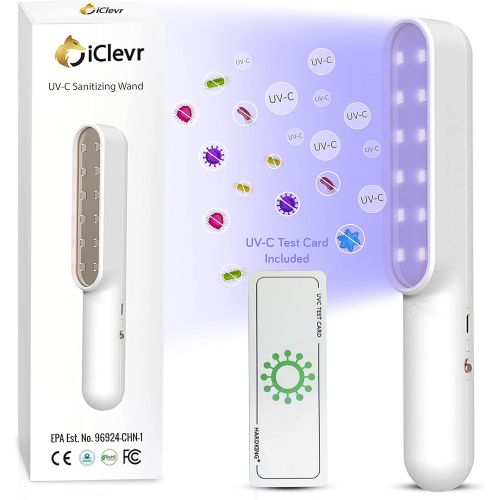  IClevr UV Light Sanitizer Wand - UVC Sterilizer Ultraviolet Sanitizing Handheld Rechargeable 99.99% Disinfection Germicidal for Home, Car, Office, Travel - Transparency with UVC Test Incl