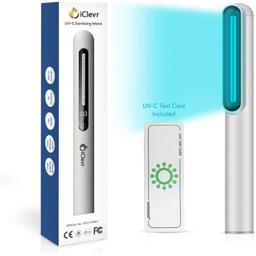  IClevr UV-C Light Sanitizer Wand - Powerful 253nm UV Sterilizer Rechargeable Handheld Ultraviolet Portable 99.99% Disinfection for Home, Office, Travel - Total Transparency UVC Test Card