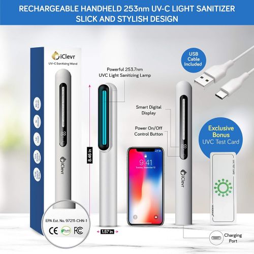  IClevr UV-C Light Sanitizer Wand - Powerful 253nm UV Sterilizer Rechargeable Handheld Ultraviolet Portable 99.99% Disinfection for Home, Office, Travel - Total Transparency UVC Test Card