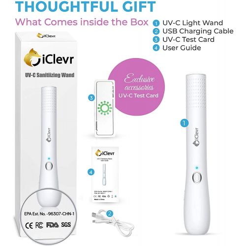  IClevr UV-C Light Sanitizer Wand - Powerful 253nm UV Sterilizer Rechargeable Handheld Ultraviolet Portable 99.99% Disinfection for Home, Office, Travel - Total Transparency with UVC Test