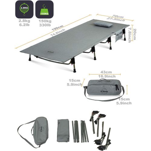  iClimb Super Easy Assemble Folding Cot Ultralight Compact Heavy Duty with Carry Bag for Adults Camping Backpacking