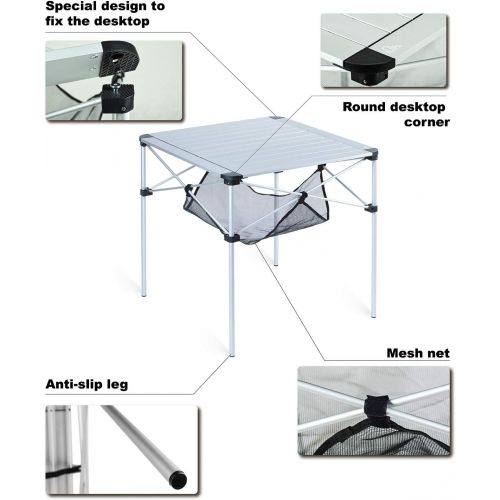  iClimb Lightweight Stable Aluminum Folding Square Table 4 Person Roll Up Top with Carry Bag for Camping, Picnic, Backyards, BBQ
