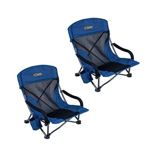  iClimb Low Wide Beach Camping Folding Chair with Side Pocket and Carry Bag (2, Navy)