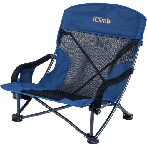  iClimb Low Wide Beach Camping Folding Chair with Side Pocket and Carry Bag (2, Navy)