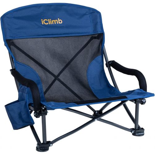  iClimb Low Wide Beach Camping Folding Chair with Side Pocket and Carry Bag (2, Navy)