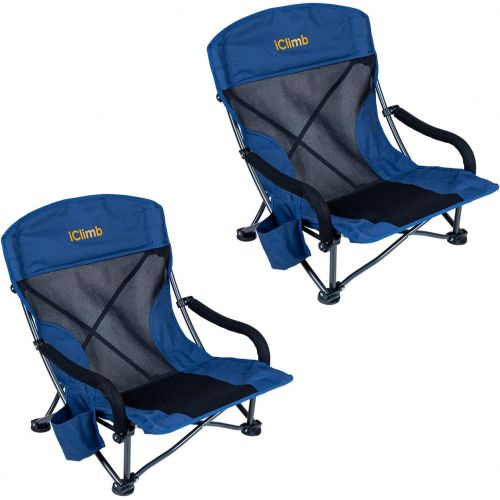  iClimb Low Wide Beach Camping Folding Chair with Side Pocket and Carry Bag (2, Navy)