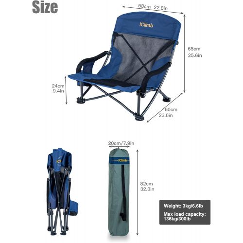  iClimb Low Wide Beach Camping Folding Chair with Side Pocket and Carry Bag (1, Navy)