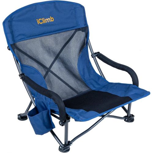  iClimb Low Wide Beach Camping Folding Chair with Side Pocket and Carry Bag (1, Navy)