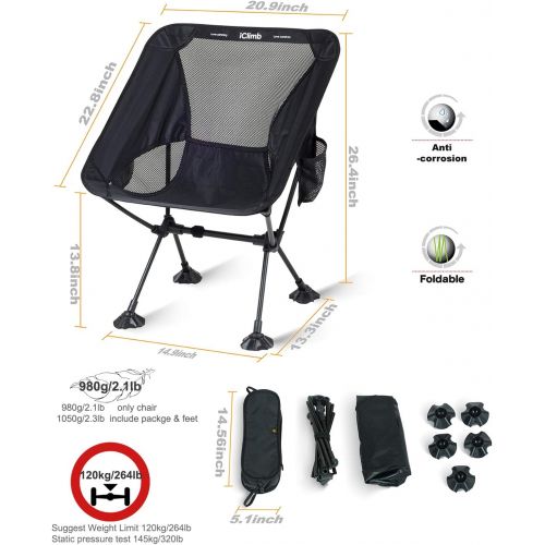  iClimb Ultralight Compact Camping Folding Beach Chair with Anti-Sinking Large Feet and Back Support Webbing