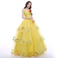 ICos iCos Women Girl Princess Belle Dress Up Ball Gown Long Yellow Layered Halloween Costume Adult