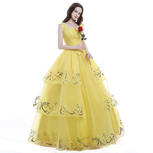  ICos iCos Women Girl Princess Belle Dress Up Ball Gown Long Yellow Layered Halloween Costume Adult