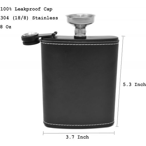  [아마존베스트]IDALIO Leather Hip Flask for Liquor 8 Ounce Stainless Steel Black Hinge Leak-proof with Funnel for Men and Women