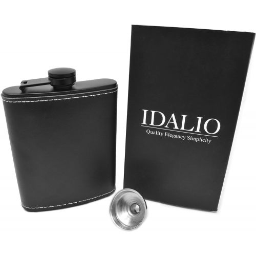  [아마존베스트]IDALIO Leather Hip Flask for Liquor 8 Ounce Stainless Steel Black Hinge Leak-proof with Funnel for Men and Women